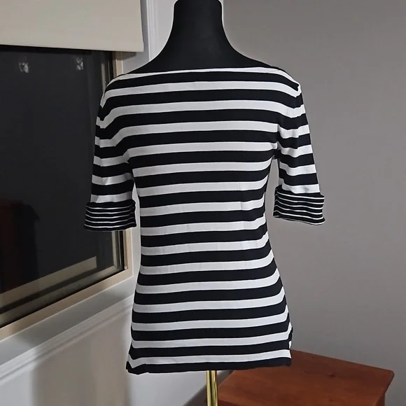 Ralph Lauren Cotton Black & White Stripped Ladies Top Size S. Sleeves ½-Length - Picture 3 of 11